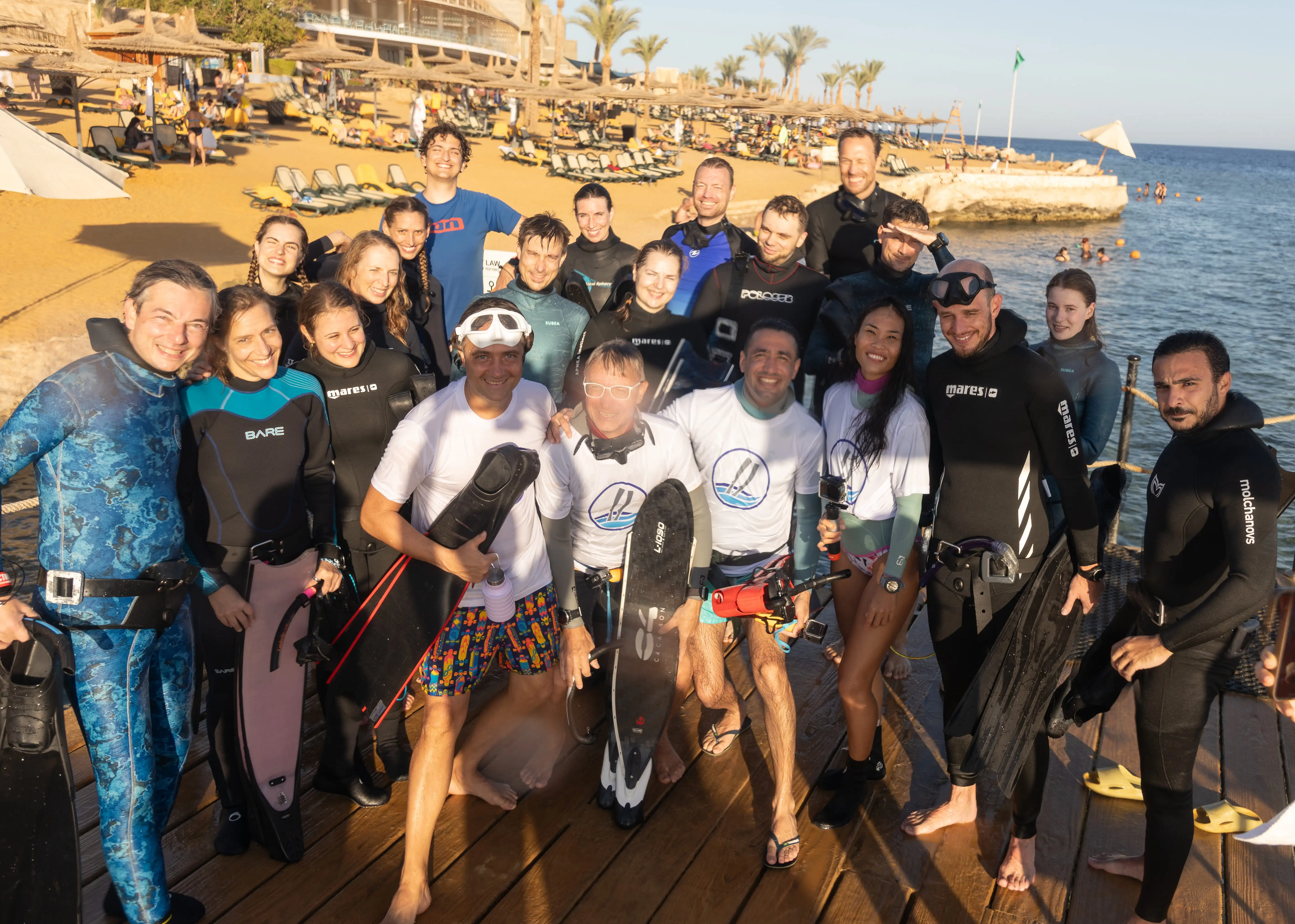 Freedivers taking a group photo in Sharm El Sheikh